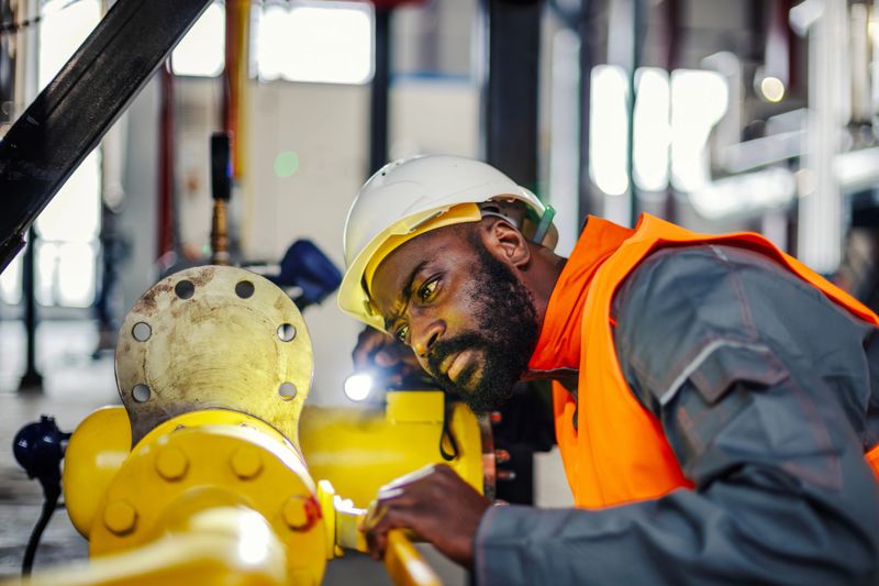 African american engineer wearing hardhat and safety vest, holding a flashlight and meticulously inspecting yellow pipeline valves in an industrial plant environment