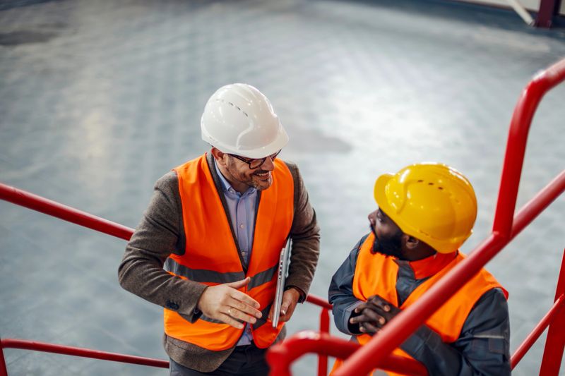 Two diverse engineers wearing hard hats and safety vests are climbing stairs, smiling and collaborating while discussing project plans on an industrial job site
