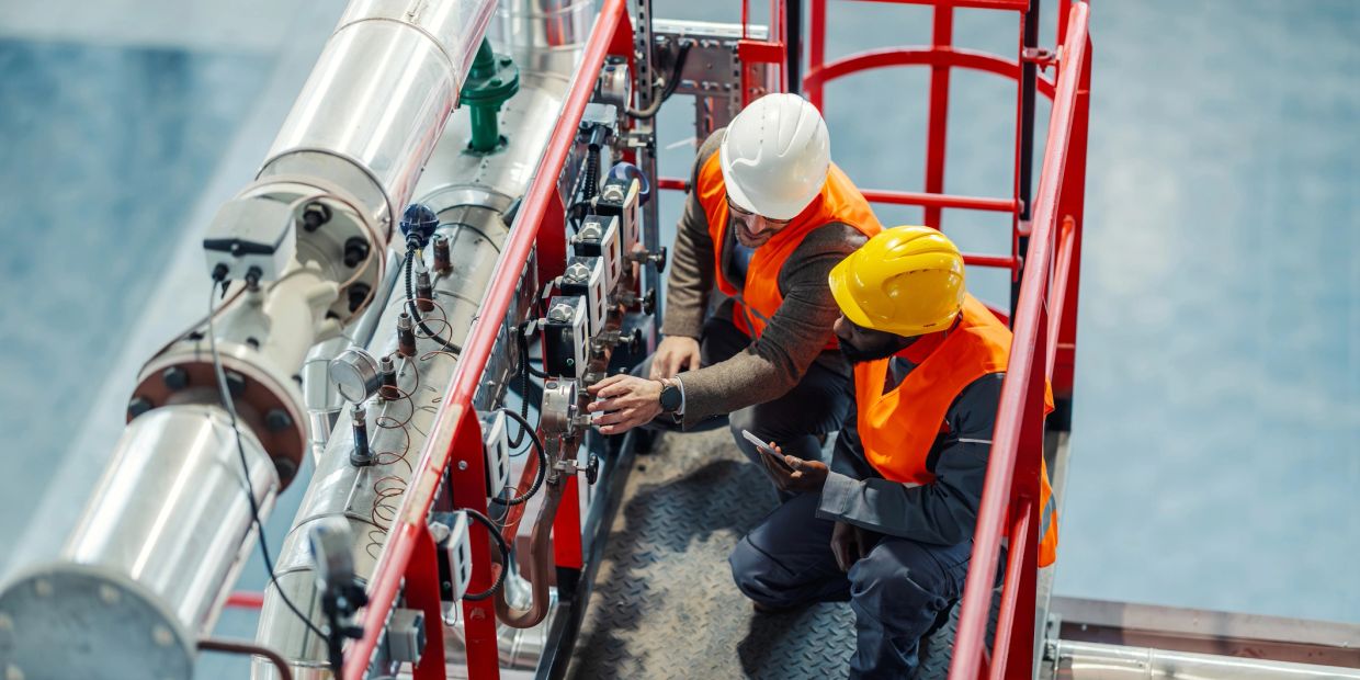 Two engineers inspecting industrial machinery.