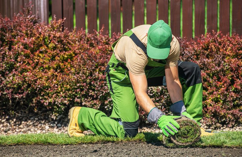 A landscaper kneels on the ground while laying fresh sod in a well-kept garden, surrounded by colorful shrubs under sunny weather.
