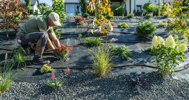 A gardener carefully places colorful flowers in a meticulously designed garden bed, showcasing also drip irrigation system.