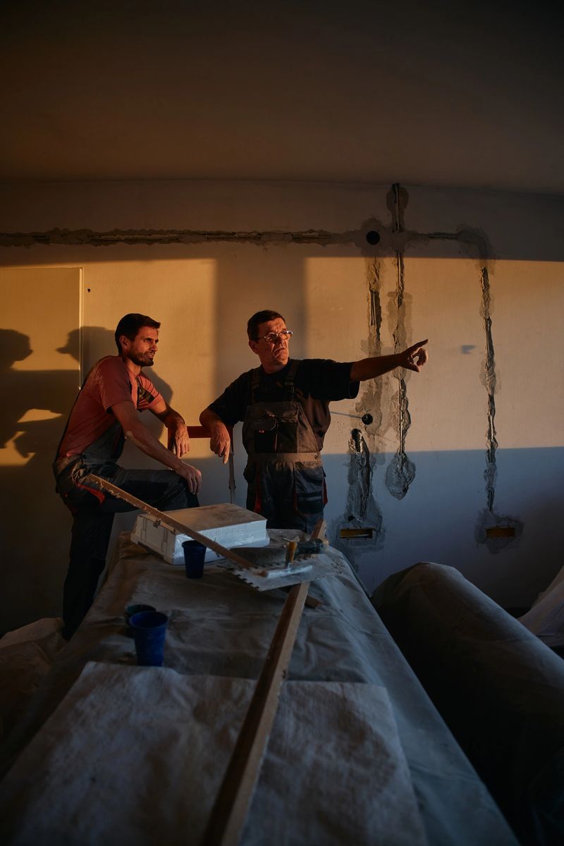Two men in workwear engage in renovation planning inside a partly finished room with exposed electrical wiring, construction materials, and warm natural light during the evening.