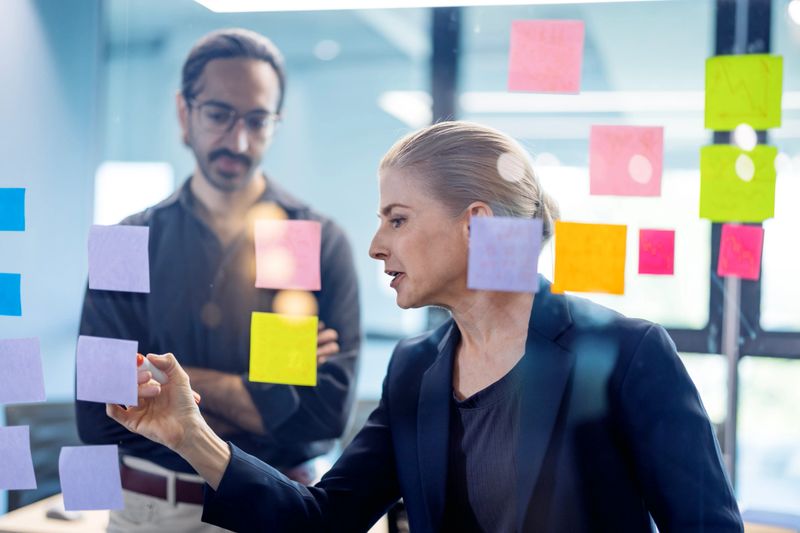 A senior executive outlines strategic ideas on a glass wall, targets new product development, market entry, process improvement, and the optimization of internal processes during a brainstorming session in a business office.