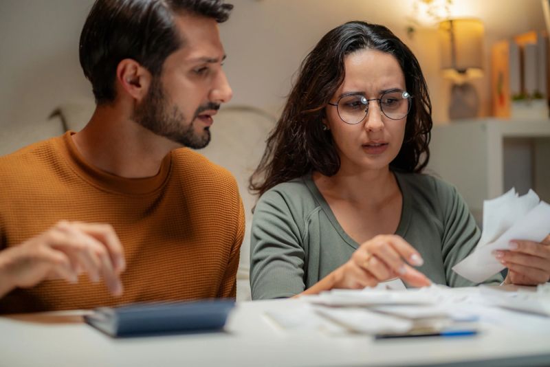 Stressed young couple sitting in the living room, feeling overwhelmed while preparing tax documents. Man and woman holding heads in hands due to high financial debt and expenses during a difficult tax return season.