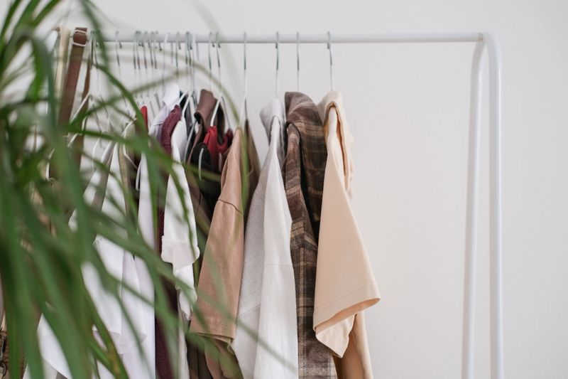 Minimalist clothing rack with aesthetic neutral and earthy-toned garments, featuring a blurred green plant in foreground. Ideal for slow fashion, capsule wardrobe and eco-friendly lifestyle content