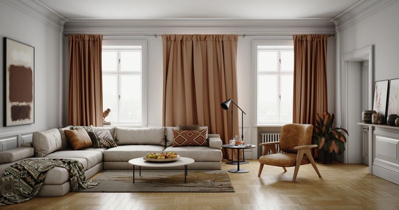 Digitally generated modern living room interior featuring a large beige sectional sofa, warm terracotta curtains, and a tan armchair arranged around low coffee tables on a wooden parquet floor. Soft daylight from three tall windows highlights patterned cushions, decorative throws, framed artwork, and houseplants, making this image ideal for concepts about cozy home décor, relaxation, interior design, and stylish contemporary apartments.