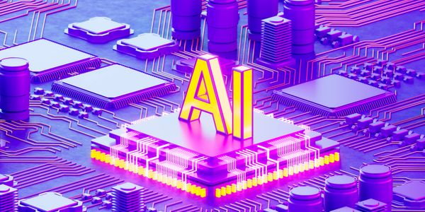 3D illustration of AI on a glowing microchip with circuitry.
