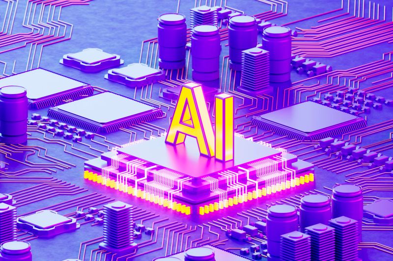 A powerful 3D rendering of the letters "AI" integrated directly onto a centralized processing unit (CPU). The motherboard features a vibrant purple and pink aesthetic with intricate electronic traces and glowing energy paths. This visual represents the core of artificial intelligence, high-performance computing, and machine learning technology. It highlights themes of digital transformation, smart automation, future hardware development, and the speed of cognitive data processing in a sleek, high-tech style.