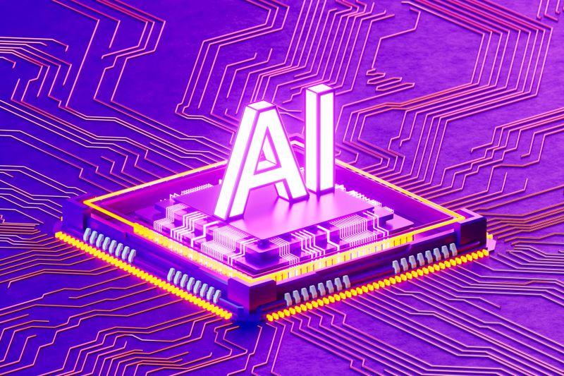 A powerful 3D rendering of the letters "AI" integrated directly onto a centralized processing unit (CPU). The motherboard features a vibrant purple and pink aesthetic with intricate electronic traces and glowing energy paths. This visual represents the core of artificial intelligence, high-performance computing, and machine learning technology. It highlights themes of digital transformation, smart automation, future hardware development, and the speed of cognitive data processing in a sleek, high-tech style.
