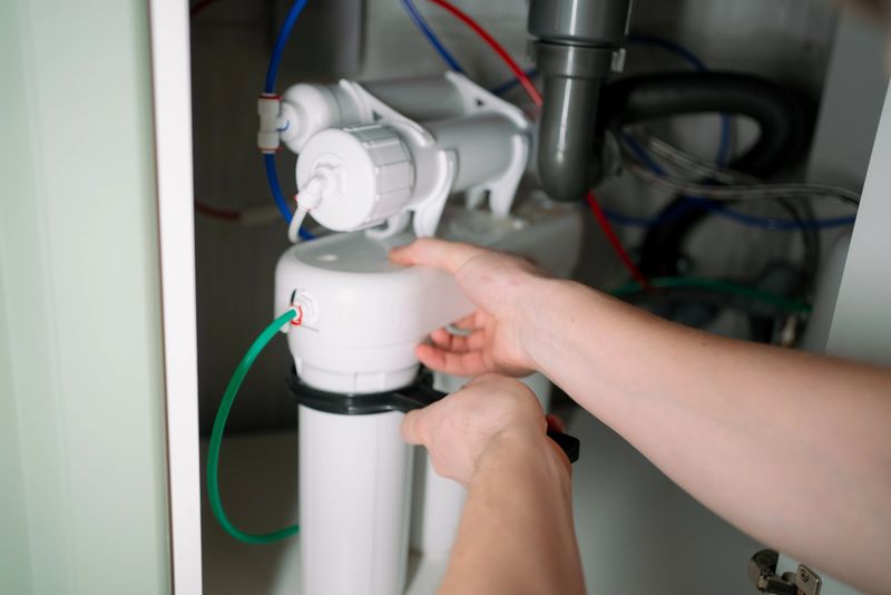 Person's hands working on replacing a water filter cartridge in a multi-stage reverse osmosis purification system, ensuring clean drinking water and home plumbing maintenance