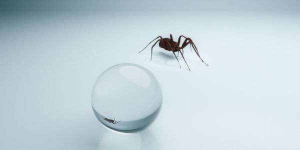 A spider looks at its reflection in a glass sphere, creating an intriguing visual effect.