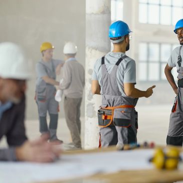 Três trabalhadores da construção civil conversam num canteiro de obras.