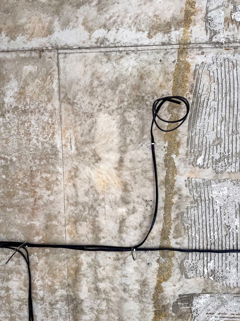 Electrical wiring installation on concrete wall during renovation.