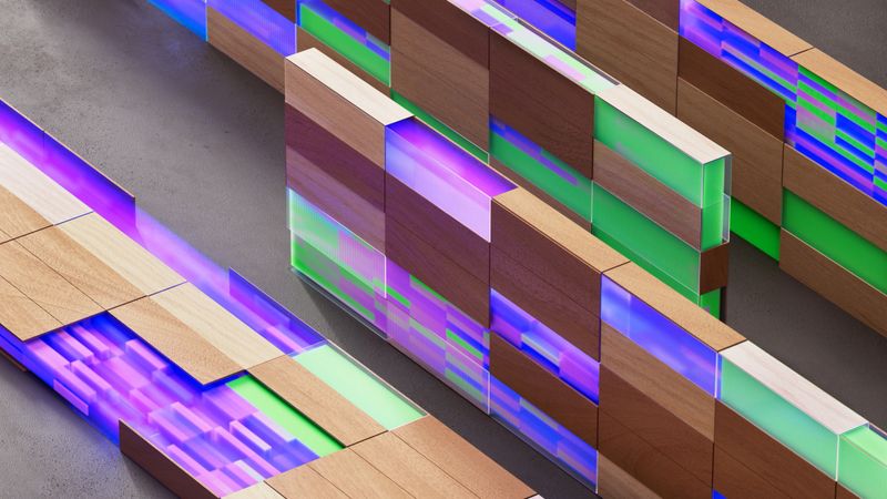 3D render of a modular architectural grid with illuminated data paths, representing smart infrastructure, Green AI systems and ESG-driven digital transformation.