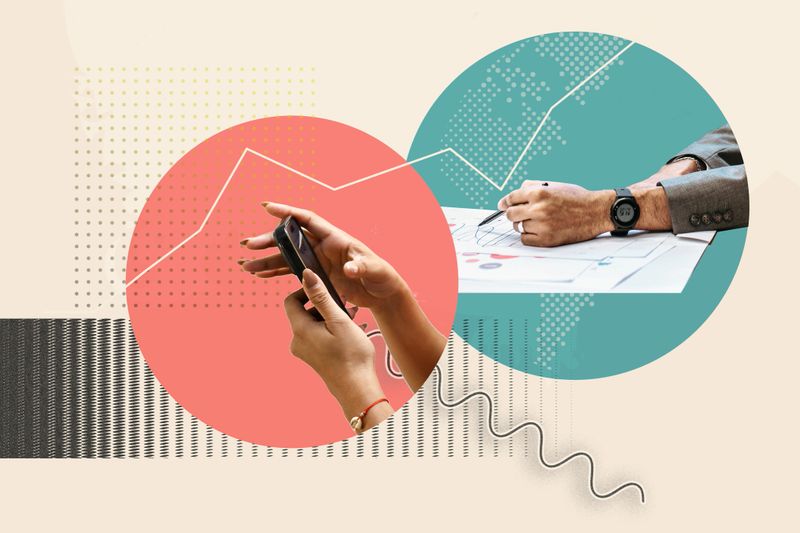 abstract collage of textured business background with hands and business stats