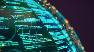 Digital code and data on a curved screen with glowing lights.