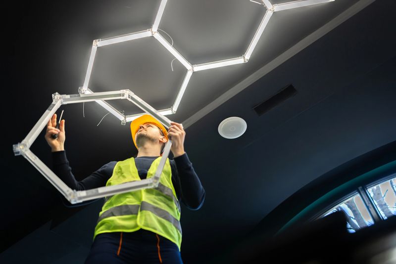 electrician installing modern hexagon led lighting system