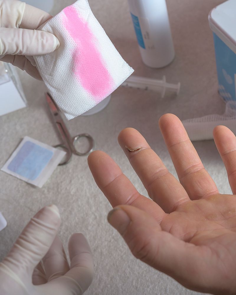 Close-up of a person disinfecting a finger wound at home. Hand in gloves applying antiseptic with cotton pad. Domestic first aid and wound care concept