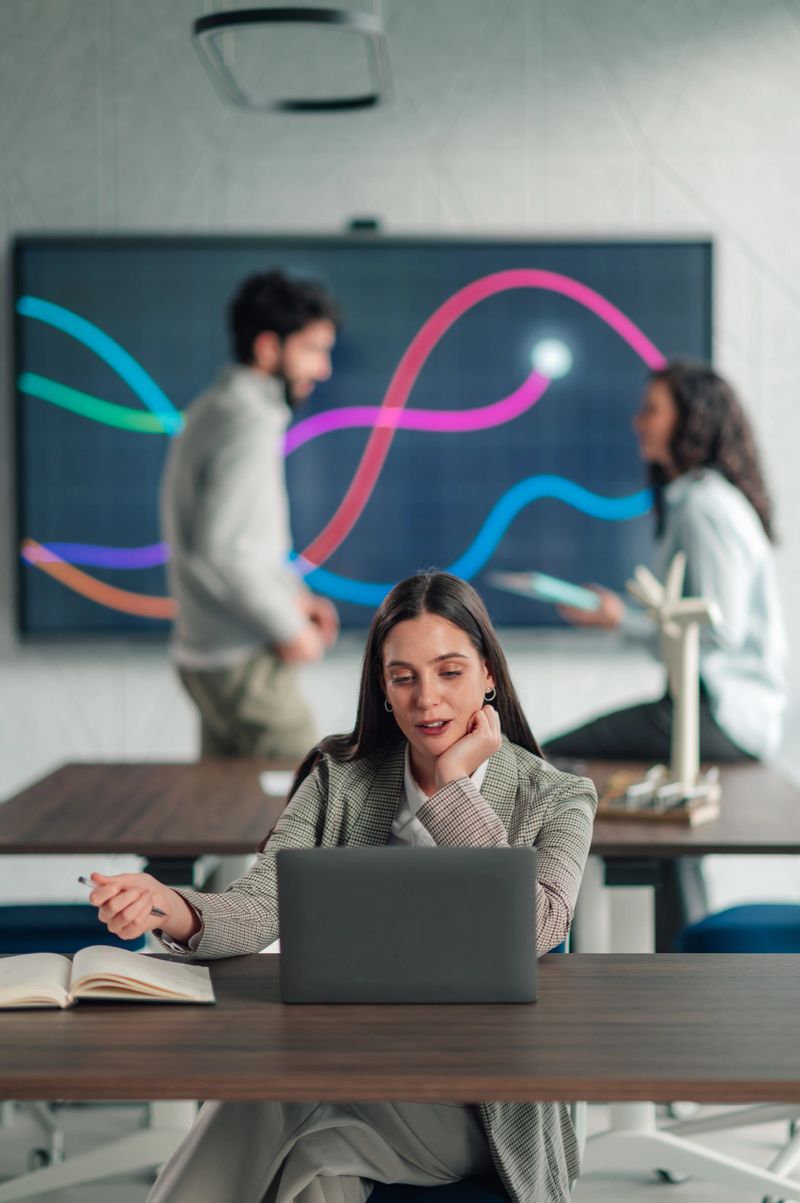 Young adult woman using a laptop and notebook, surrounded by colleagues discussing data on a screen in a modern office setup