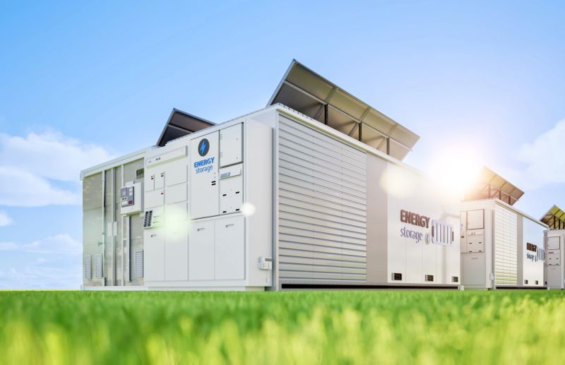 Alternative energy concept with 3d rendering energy storage system or battery container unit with solar panels