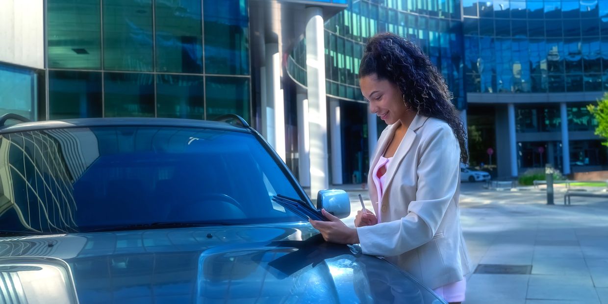 Woman in business attire using a tablet by a car in an urban setting.