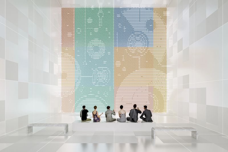 People in futuristic art gallery with big projection screens with artwork. 3D generated image. Wall image is my own and it's just a simple ASCI art type of render.