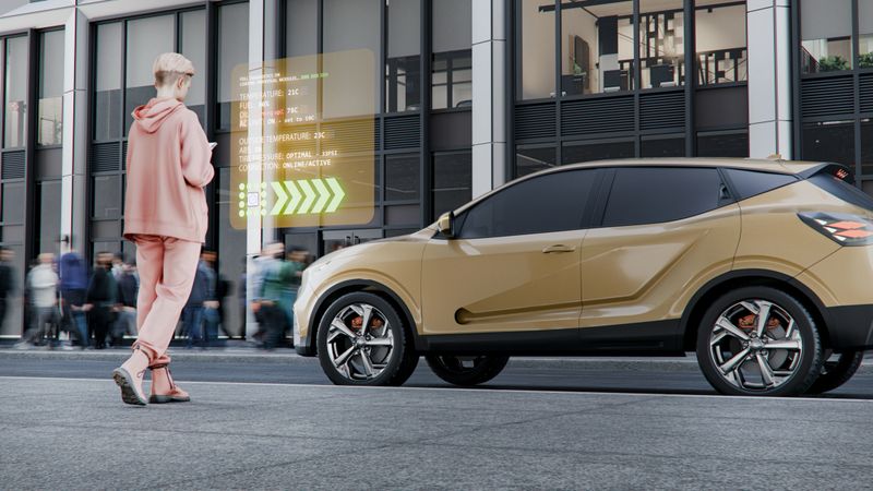 Young woman using phone app to manage vehicle settings. 3D generated image. Car is generic and not based on any real (or concept) model/brand.