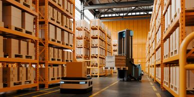 Warehouse with shelves and robots handling packages.