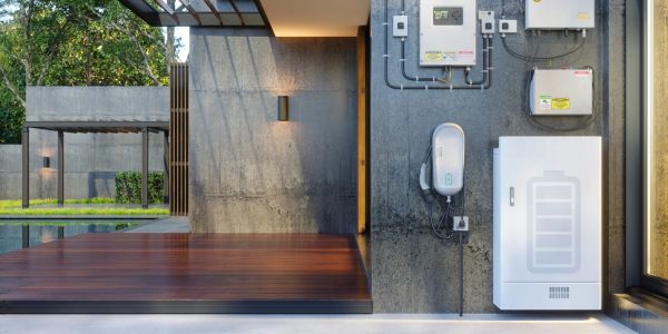 Modern home exterior with energy storage and solar power equipment.
