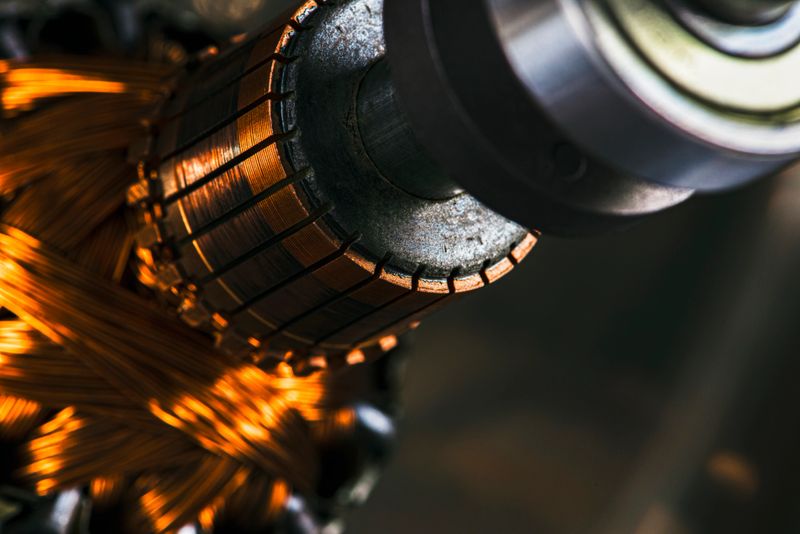 Close up image of an electric motor rotor showing copper windings and a commutator. Industrial electrical component used in machinery, manufacturing, and electromechanical systems.