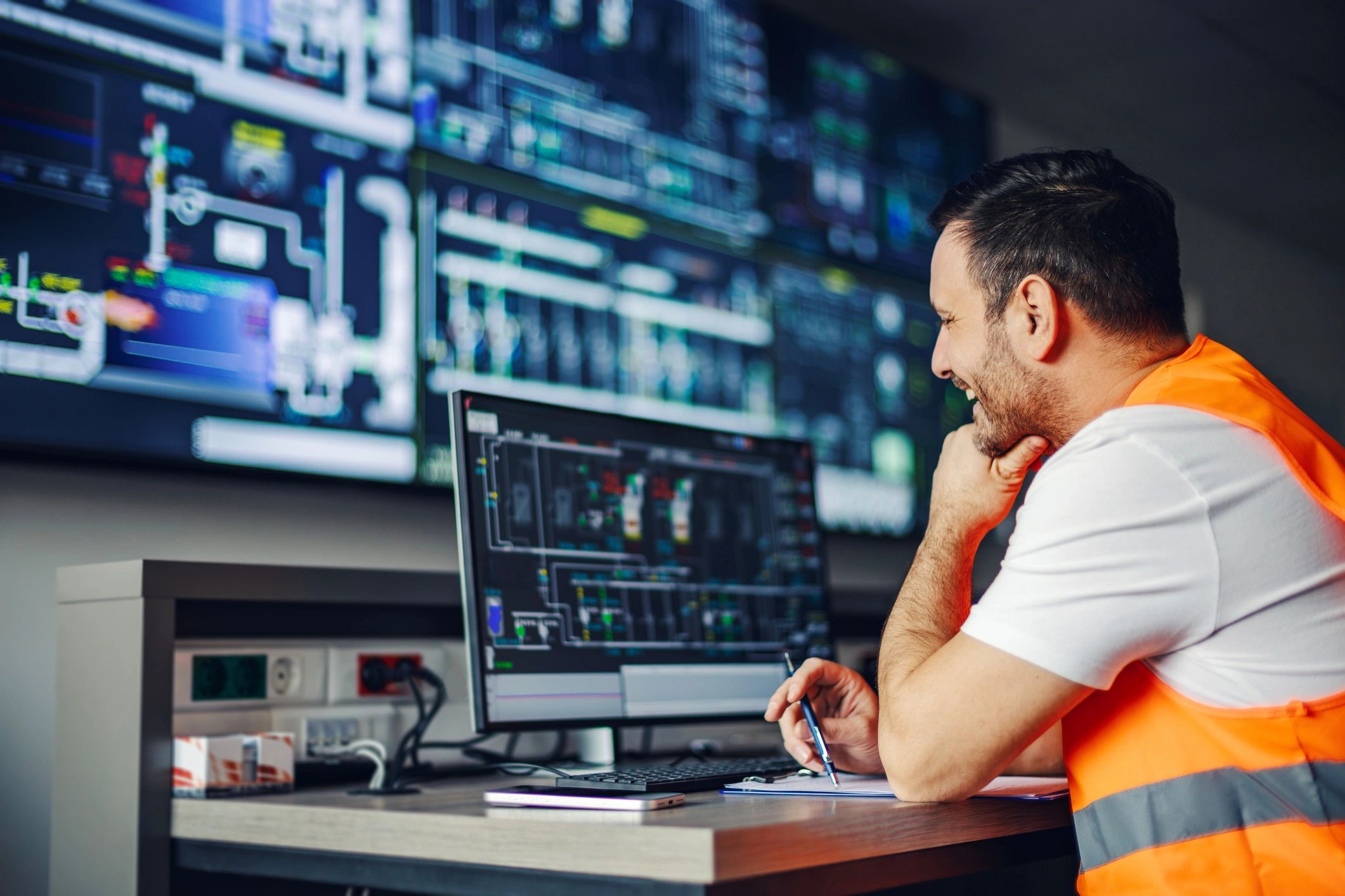 Man in an orange safety vest working on a computer.