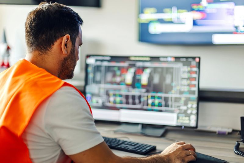 Engineer wearing an orange safety vest, sitting at a desk and closely analyzing data displayed on a large computer monitor in a control room, supervising automated processes
