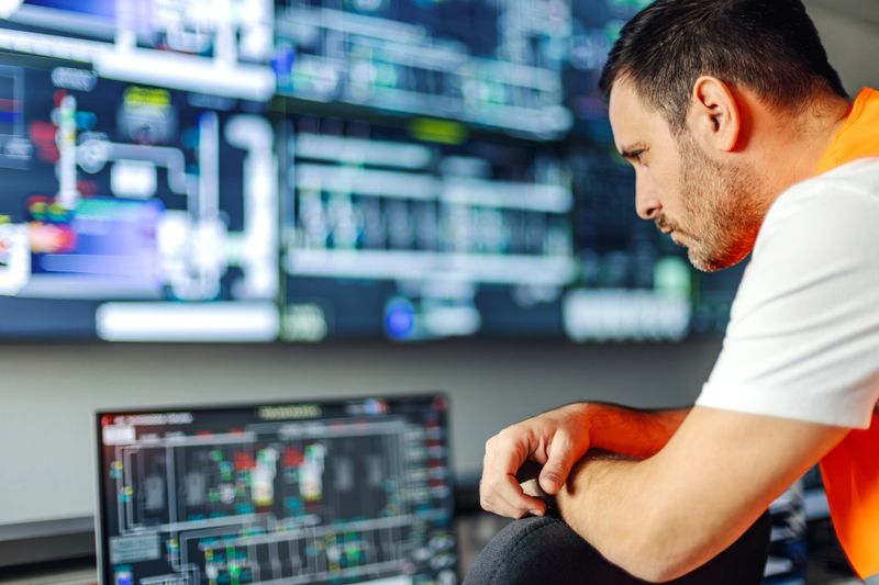 Male engineer wearing a safety vest deeply concentrating while monitoring complex data and system schematics on a computer screen in a modern industrial control room