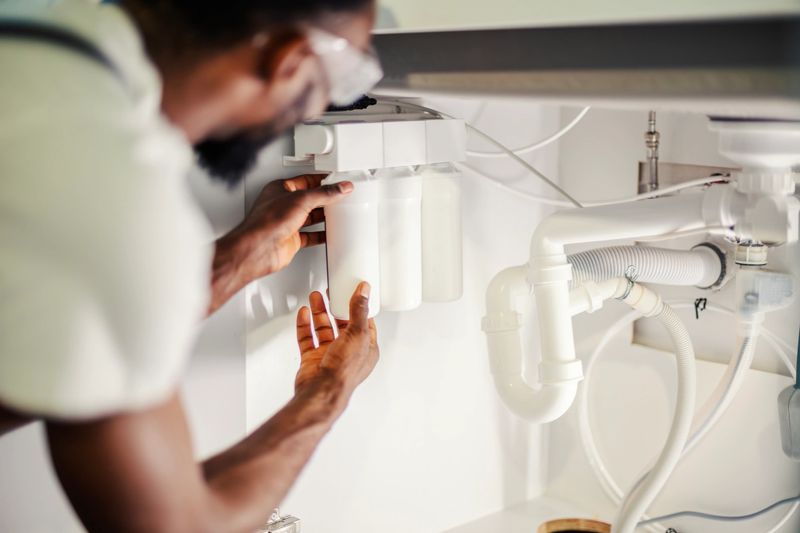 Professional plumber hands installing a multi-stage water filtration system under a kitchen sink, ensuring clean drinking water and home plumbing maintenance