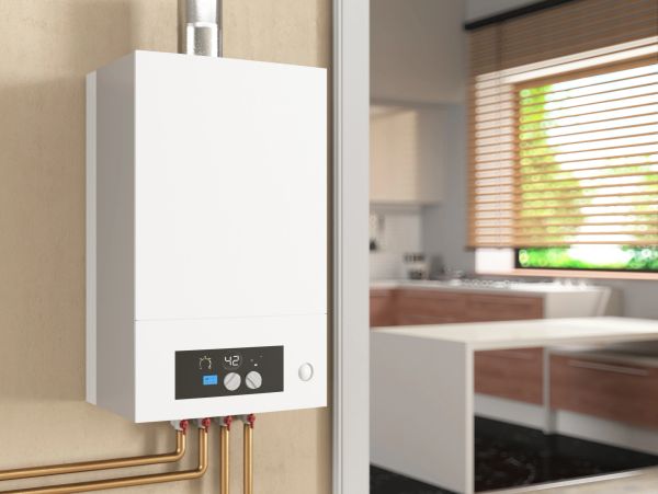 Modern boiler system mounted on a wall in a kitchen.
