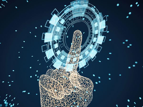 Digital hand composed of wireframe touching a futuristic interface.
