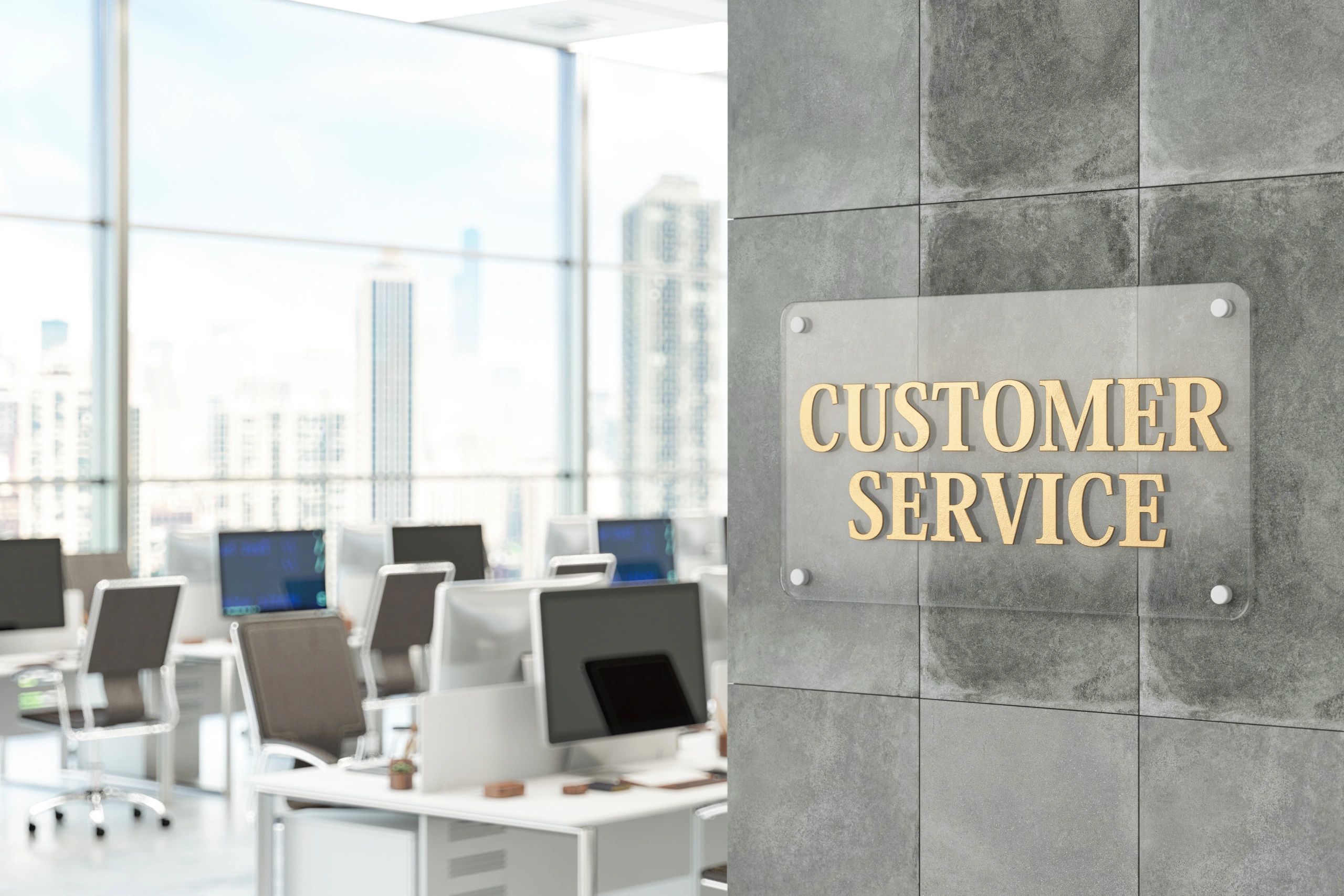 Customer service office with city view.
