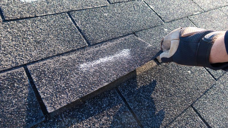 This high-angle detailed shot captures a roofing professional or home inspector performing a maintenance check. A hand wearing a heavy-duty work glove is seen lifting a single asphalt shingle that has lost its adhesive bond. The morning sunlight creates high-contrast shadows across the grey granular surface, emphasizing the grit and wear of the material. The shingles show signs of wind damage. This image perfectly illustrates common home maintenance issues, roof repair needs, or insurance claim inspections for storm-damaged properties.