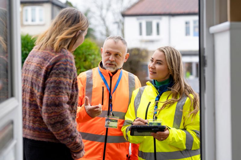 Two workers in bright jackets speak to a woman at her front door. They discuss services while holding a device. It is cloudy and cool outside.