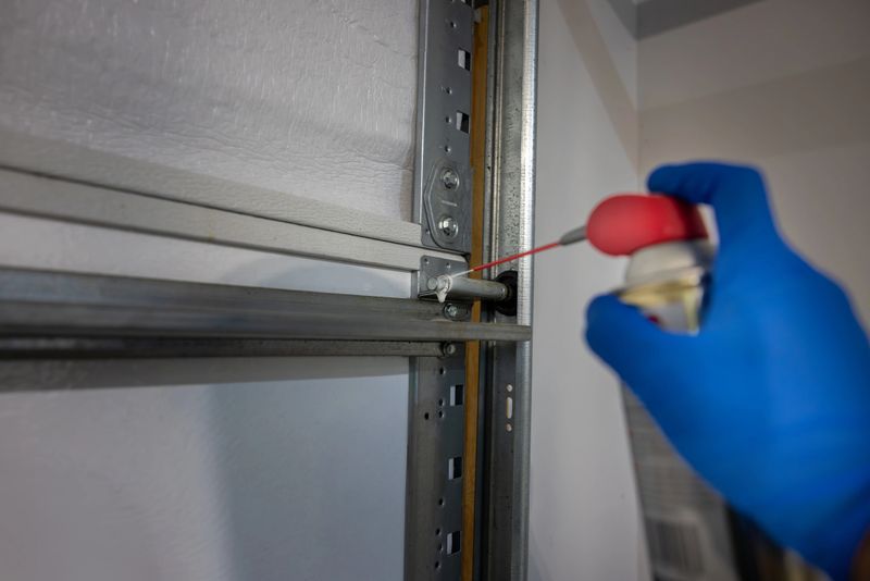 Regular garage door maintenance is important to reduce friction, wear, noise and rust.  Homeowner applies lubricant to wheel bearings on door