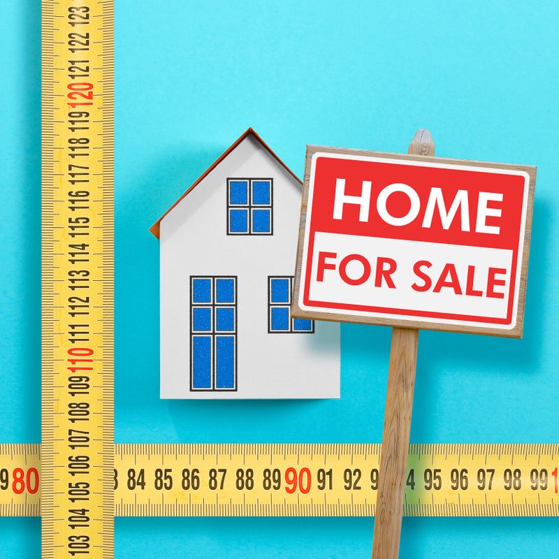 HOME FOR SALE SIGN WITH HOUSE MODEL AND MEASURING TAPE SYMBOLIZING PROPERTY VALUE AND REAL ESTATE INVESTMENT - Concept of buying, selling, mortgage, home appraisal, housing market and construction
