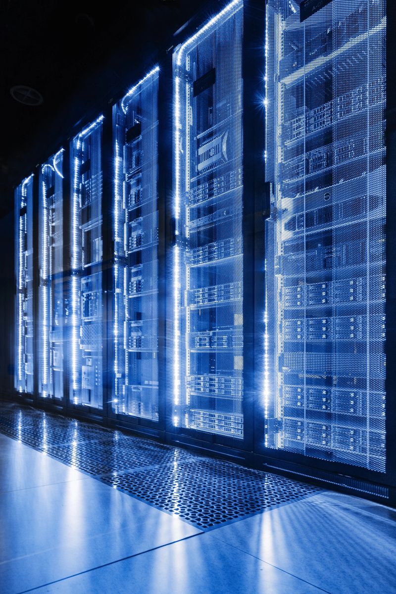 Blue-lit server racks line a high-tech data center, creating a sleek, modern, and efficient environment. Neon lighting highlights organized circuitry, reflecting precision, technology, and digital infrastructure.