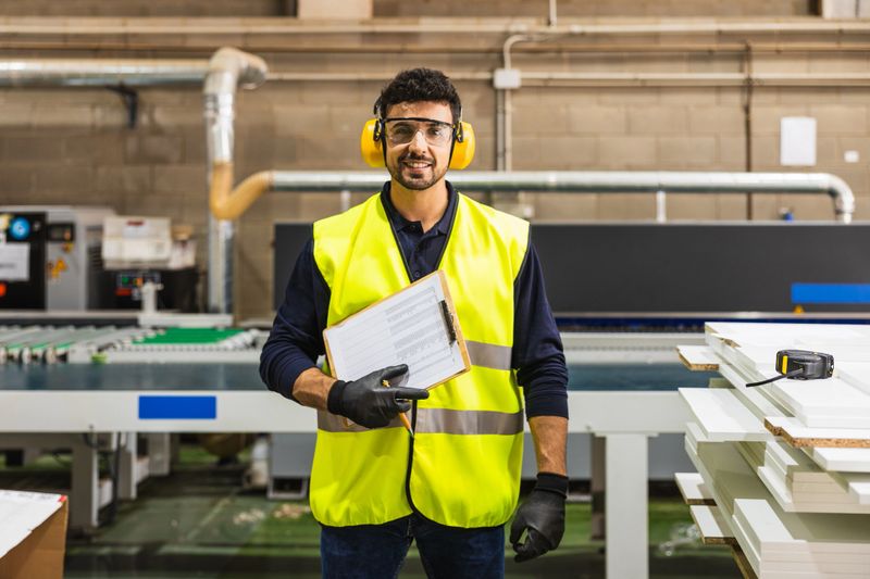 Male worker in safety gear and hardhat holding clipboard, smiling confidently amid active lumber processing factory equipment