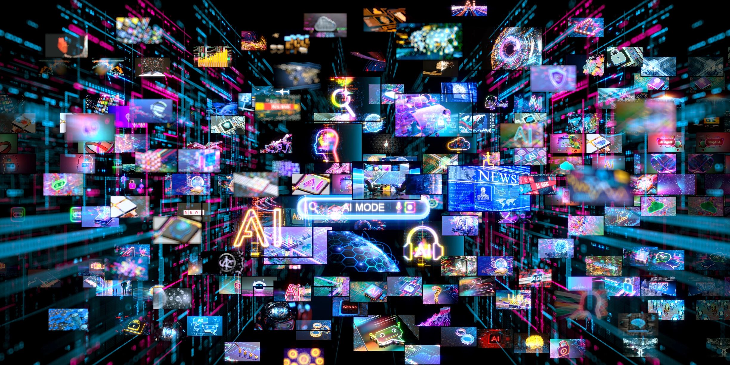 AI technology and data visualization in a virtual space.