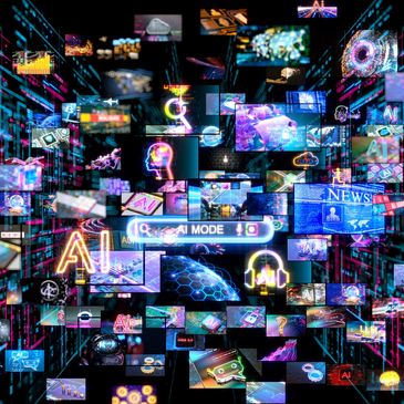 Digital collage of AI and technology-themed images.