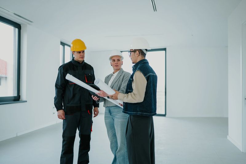 Construction workers and architects reviewing blueprints in an empty building space, planning new project development