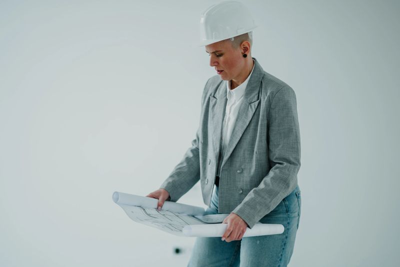 Female construction engineer reviewing blueprints on a construction site, ensuring project specifications and quality control