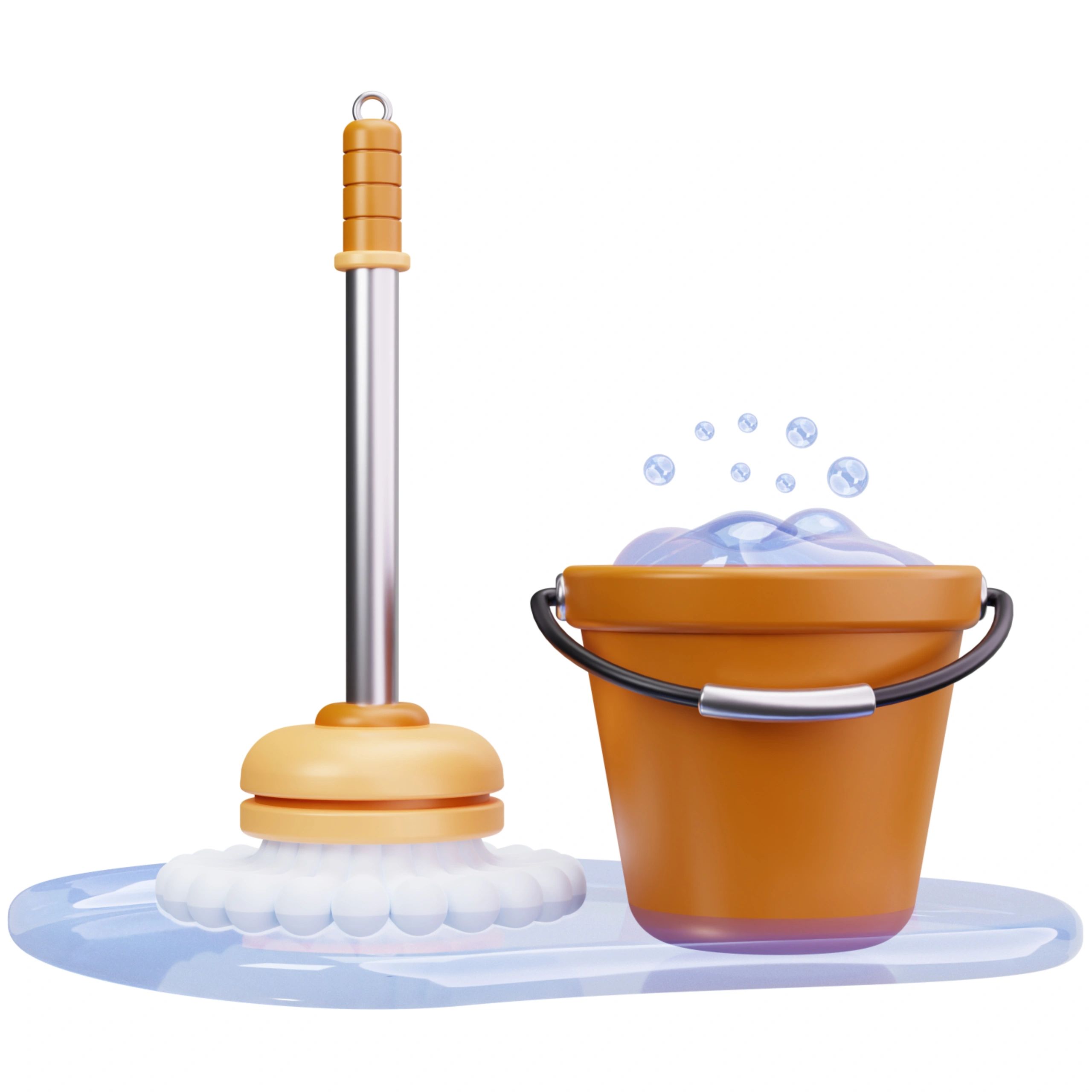 A mop and a bucket filled with soapy water ready for cleaning.