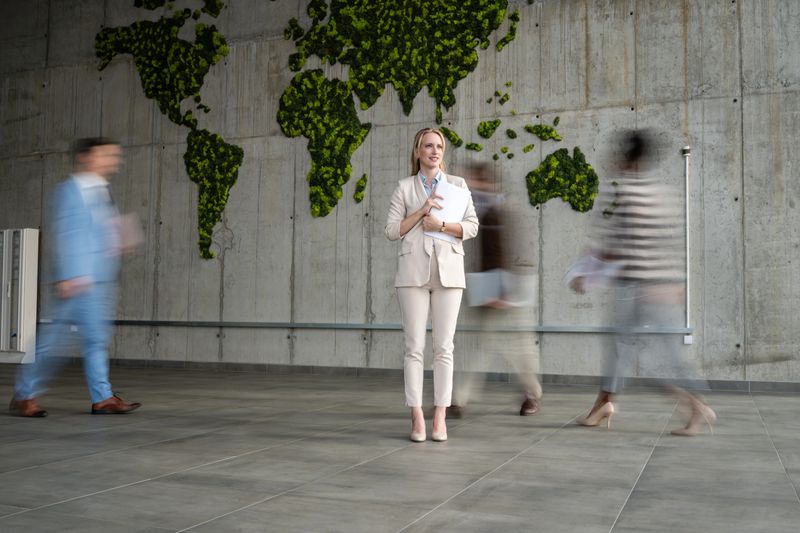 Businesswoman holding documents, standing in focus while blurred colleagues walk past a moss world map, representing global business
