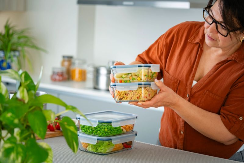 Woman, glass container and food. Person preparing healthy and fresh weekly meals in lunchboxes. Stacking containers for thr fridge